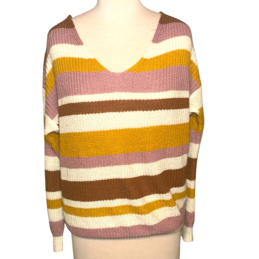 LOVE J. Striped color block V-Neck Sweater in Pink, Mustard & Brown size small